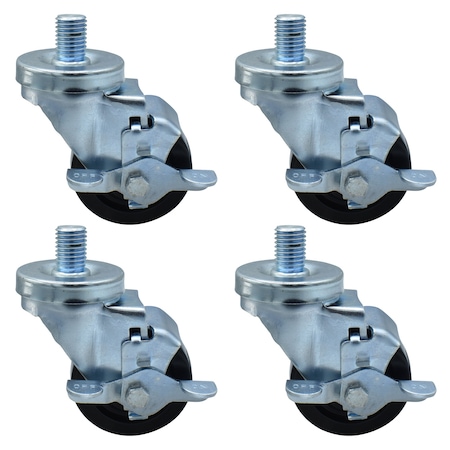 Bk Resources 3-inch Threaded Stem Casters, Polyolefin Wheels, Top Lock Brake, 300lb Capacity, 4PK 3SBR-6ST-LDP-PS4